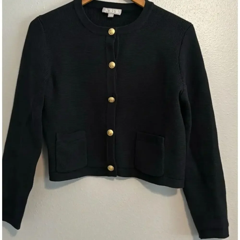 J.Crew Emilie sweater lady black cotton gold button jacket Small - Picture 3 of 3